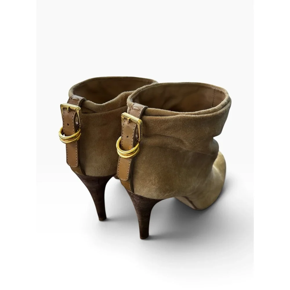 Tory Burch 8.5 Suede Ankle Boots Tan Slouchy Stiletto Gold Buckle Booties